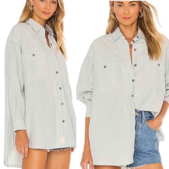 NWT Free People Cardiff Indigo Railroad Stripe Oversized Shirt/Jacket - Picture 2 of 15